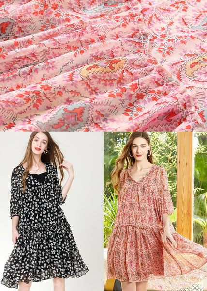 Robe trapèze en mousseline imprimée rouge, col en V, manches lanternes LY0338