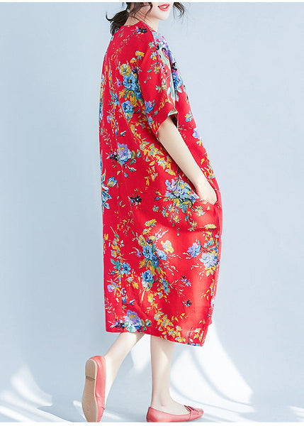 Red Print Cotton Long Dress Oversized Pockets Summer LY0907