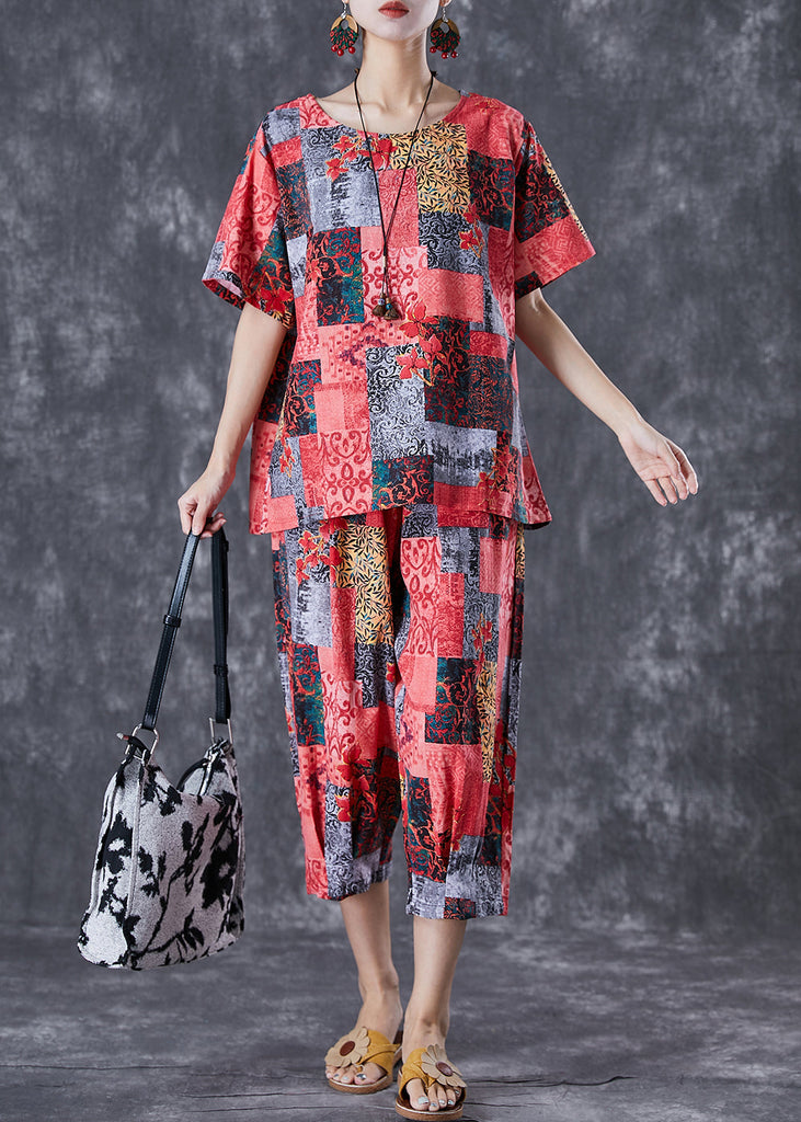 Red Print Linen Two Pieces Set Oversized Summer TD1013