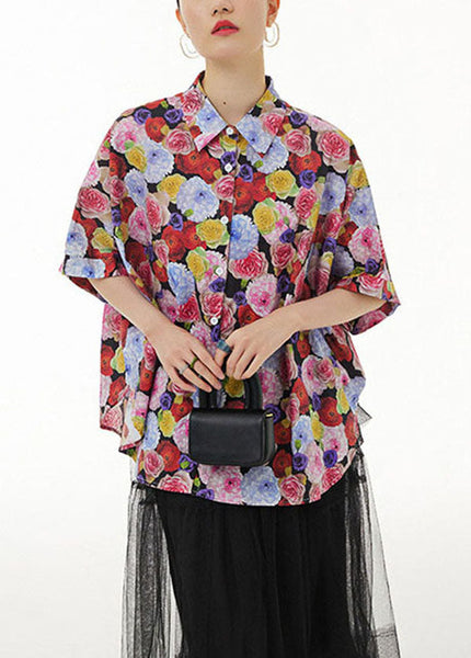 Red Print Patchwork Cotton Blouses Peter Pan Collar Summer LY1231