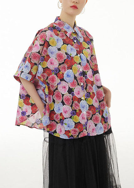 Red Print Patchwork Cotton Blouses Peter Pan Collar Summer LY1231