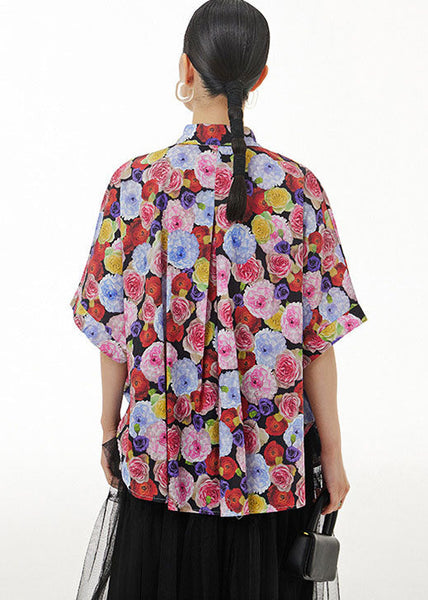 Red Print Patchwork Cotton Blouses Peter Pan Collar Summer LY1231