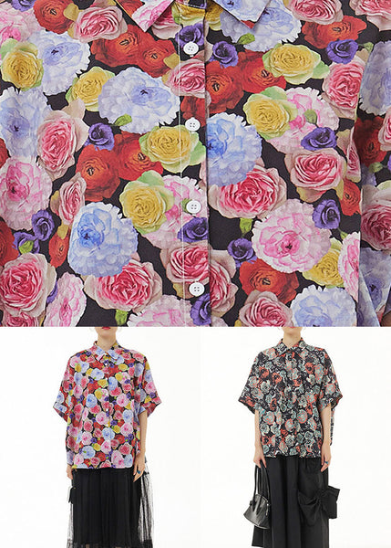 Red Print Patchwork Cotton Blouses Peter Pan Collar Summer LY1231