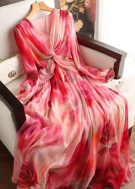 Red Print Patchwork Silk Dress V Neck Wrinkled Long Sleeve TI1059