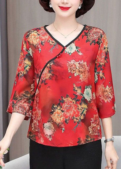 Red Print Patchwork Silk Top V Neck Bracelet Sleeve TI1007