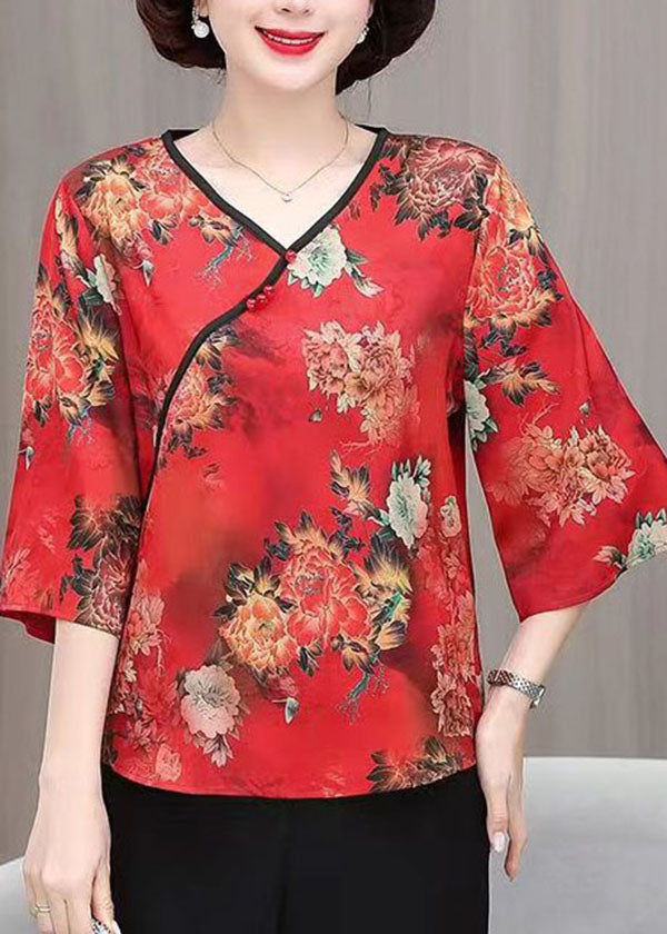 Red Print Patchwork Silk Top V Neck Bracelet Sleeve TI1007