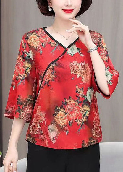 Red Print Patchwork Silk Top V Neck Bracelet Sleeve TI1007