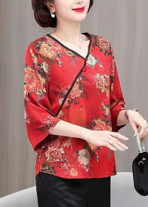 Red Print Patchwork Silk Top V Neck Bracelet Sleeve TI1007