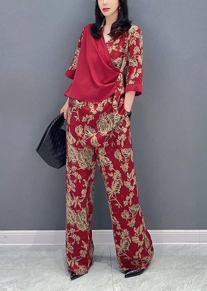 Red Print Patchwork Top And Wide Leg Pants Two Pieces Set Long Sleeve LC0308