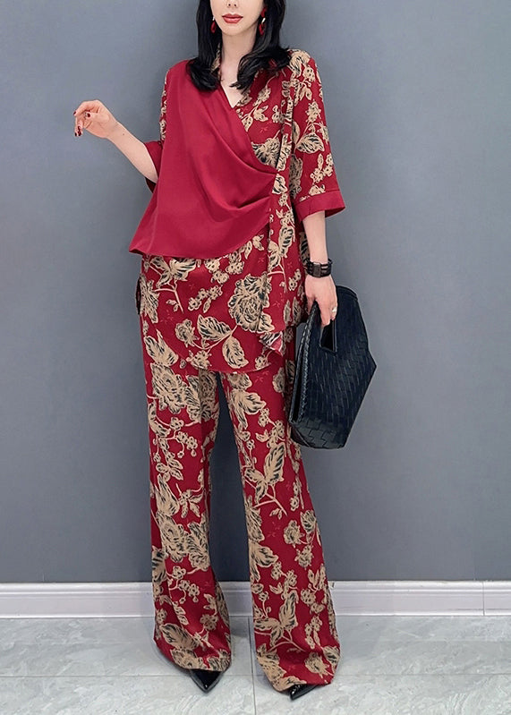 Red Print Patchwork Top And Wide Leg Pants Two Pieces Set Long Sleeve LC0308