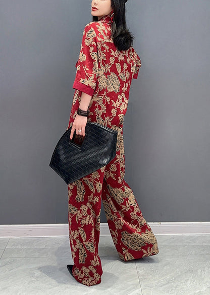 Red Print Patchwork Top And Wide Leg Pants Two Pieces Set Long Sleeve LC0308