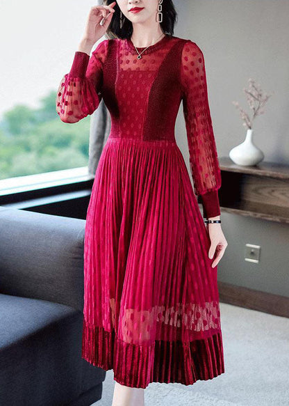 Red Slim Fit Tulle Pleated Dresses O-Neck Exra Large Hem Spring LC0068