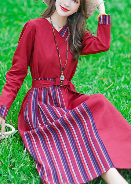 Red Tie Waist Tunic Linen Maxi Dress Long Sleeve LC0055
