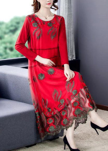 Red Tulle Long Dresses O-Neck Embroideried Spring LC0092