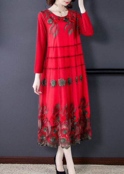 Red Tulle Long Dresses O-Neck Embroideried Spring LC0092