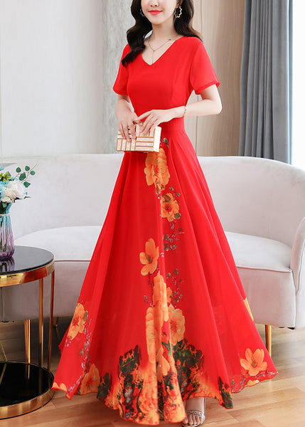 Red V Neck Slim Long Beach Dress Short Sleeve LY1704