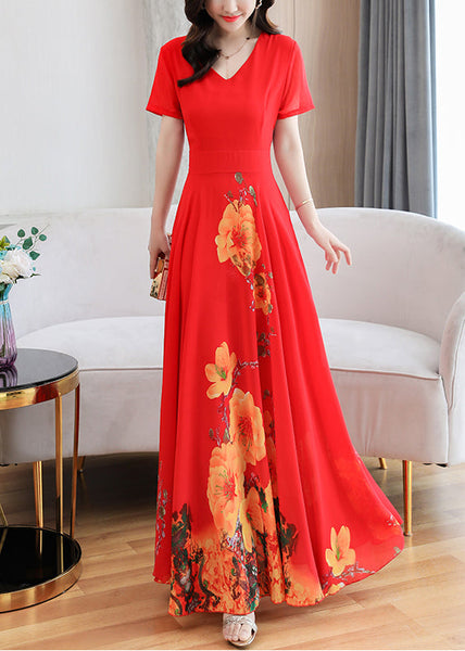 Red V Neck Slim Long Beach Dress Short Sleeve LY1704