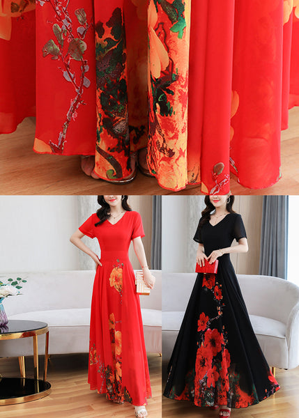 Red V Neck Slim Long Beach Dress Short Sleeve LY1704