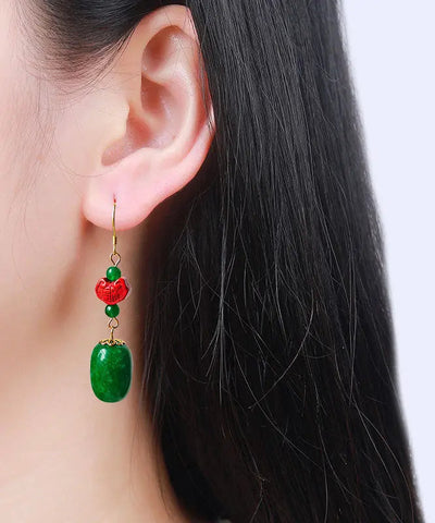 Regular Green Sterling Silver Jade Cinnabar Drop Earrings Ada Fashion