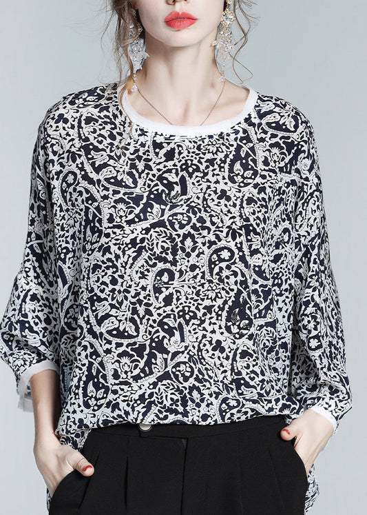 Retro Black O-Neck Print Silk Shirts Long Sleeve LY 0135