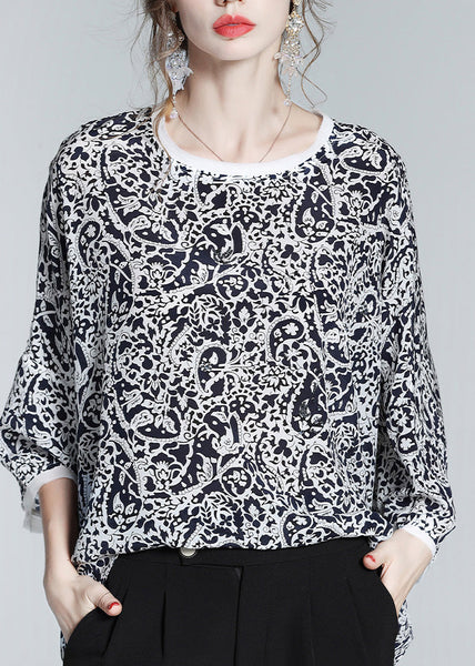Retro Black O-Neck Print Silk Shirts Long Sleeve LY 0135