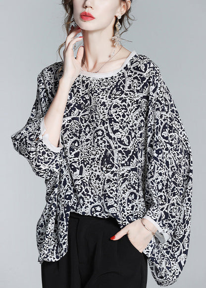 Retro Black O-Neck Print Silk Shirts Long Sleeve LY 0135