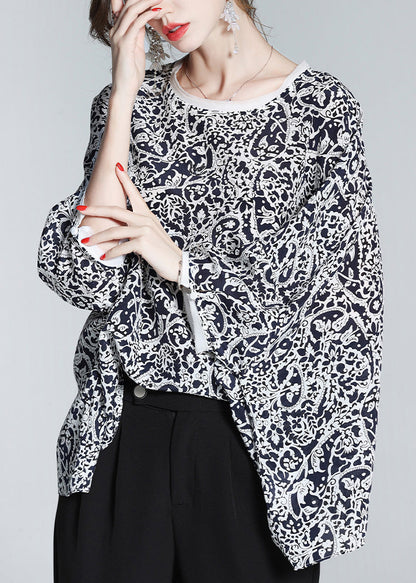 Retro Black O-Neck Print Silk Shirts Long Sleeve LY 0135