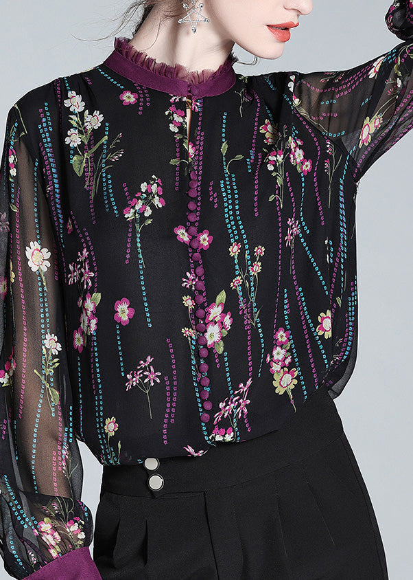 Retro Black Ruffled Graphic Print Hollow Out Button Silk Shirt Spring LY0726