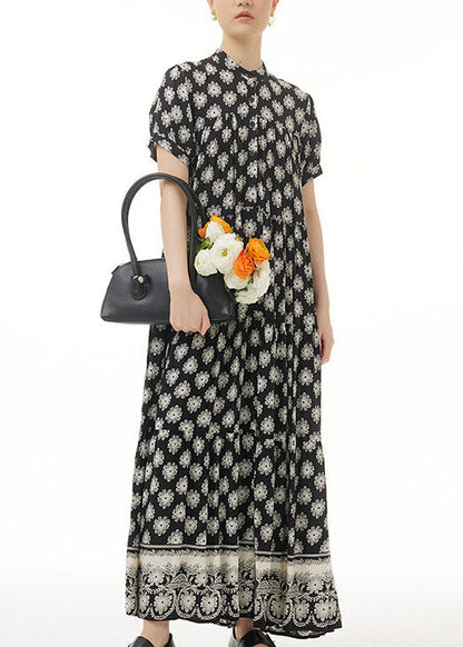 Retro Black Wrinkled Print Patchwork Long Chiffon Dress Summer LY1222