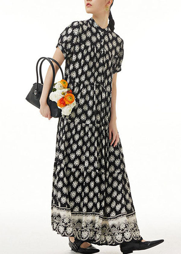 Retro Black Wrinkled Print Patchwork Long Chiffon Dress Summer LY1222