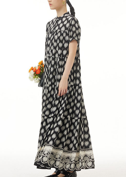 Retro Black Wrinkled Print Patchwork Long Chiffon Dress Summer LY1222