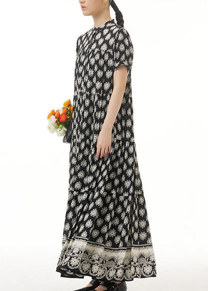 Retro Black Wrinkled Print Patchwork Long Chiffon Dress Summer LY1222