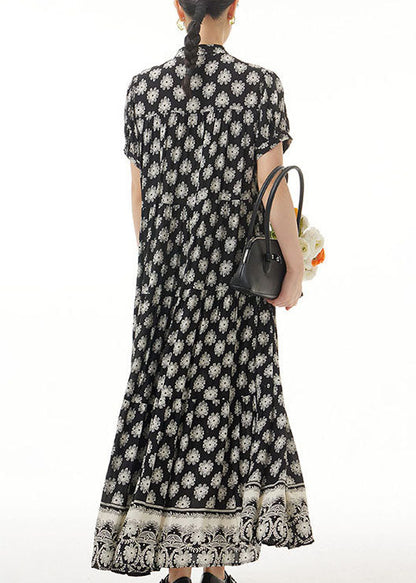 Retro Black Wrinkled Print Patchwork Long Chiffon Dress Summer LY1222