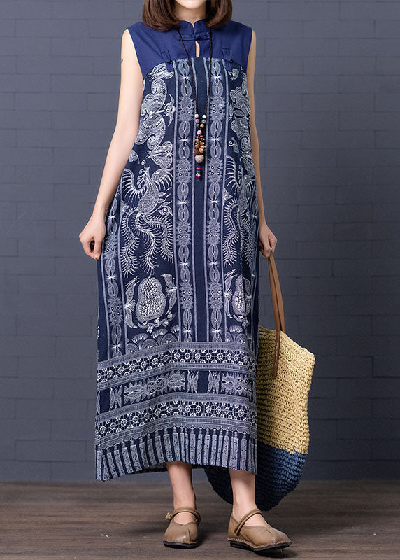 Retro Blue Chinese Button Patchwork Side Open Linen Long Dress Sleeveless AC2043