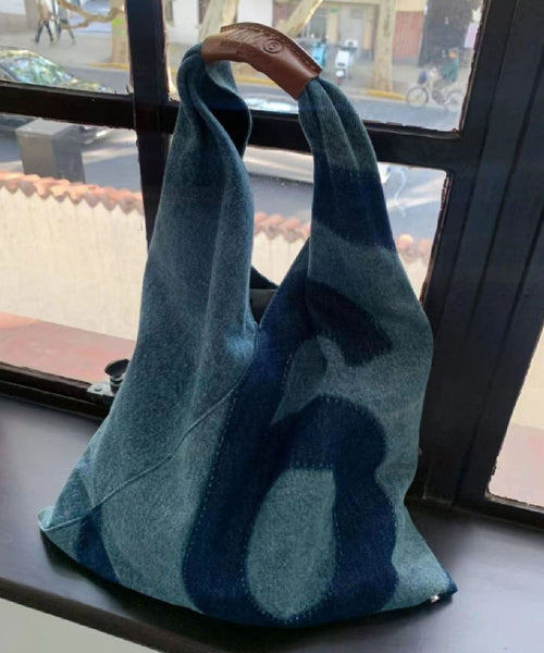 Retro Blue Letter Print Patchwork Denim Shopping Bag LY1372