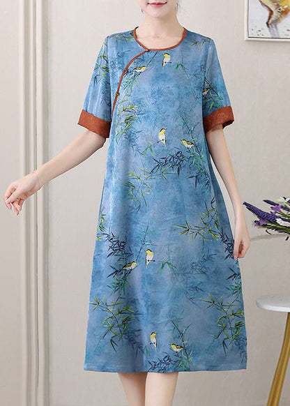 Retro Blue O-Neck Jacquard Side Open Patchwork Silk Mid Dress Summer TI1027