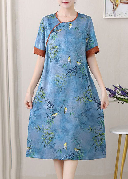 Retro Blue O-Neck Jacquard Side Open Patchwork Silk Mid Dress Summer TI1027