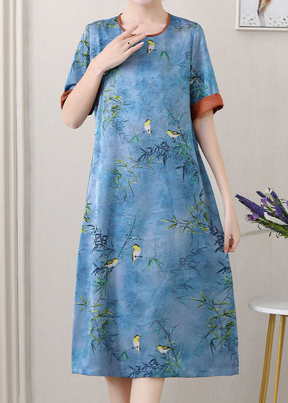 Retro Blue O-Neck Jacquard Side Open Patchwork Silk Mid Dress Summer TI1027