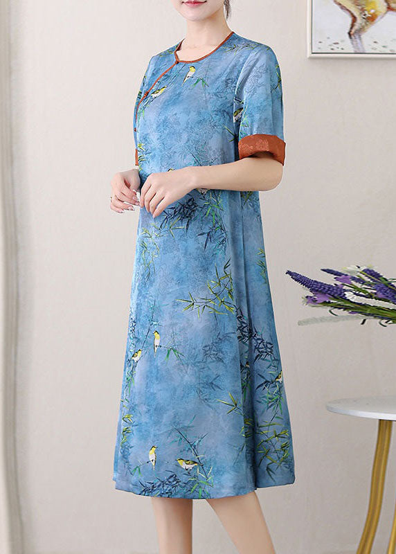 Retro Blue O-Neck Jacquard Side Open Patchwork Silk Mid Dress Summer TI1027