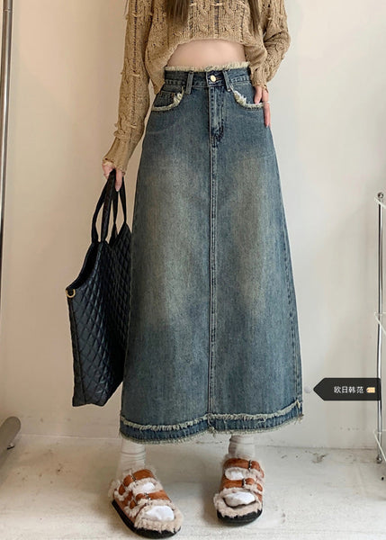 Jupe longue rétro bleue patchwork à boutons, été TY1022