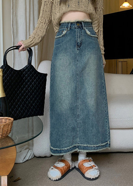 Jupe longue rétro bleue patchwork à boutons, été TY1022