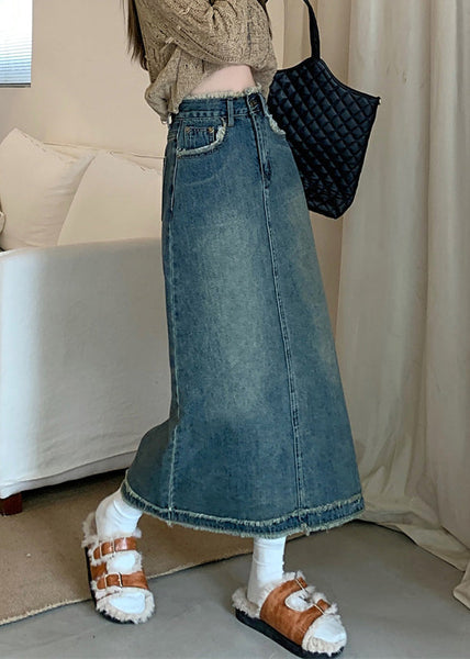 Jupe longue rétro bleue patchwork à boutons, été TY1022