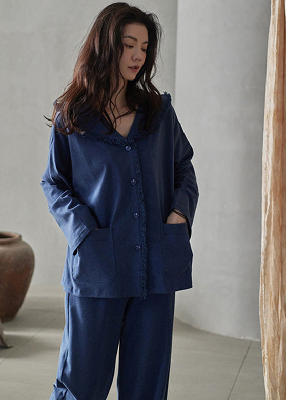 Retro Blue Peter Pan Collar Patchwork Button Cotton Pajamas Two Pieces Set Long Sleeve LY1919