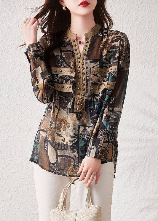 Retro Coffee Print Rivet Patchwork Cotton Shirts Top Long Sleeve TQ1025