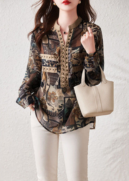 Retro Coffee Print Rivet Patchwork Cotton Shirts Top Long Sleeve TQ1025