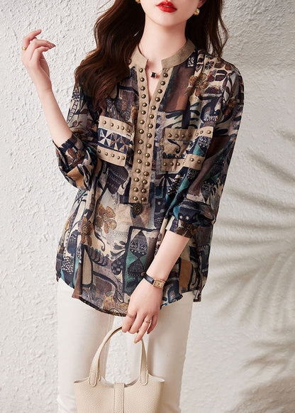 Retro Coffee Print Rivet Patchwork Cotton Shirts Top Long Sleeve TQ1025