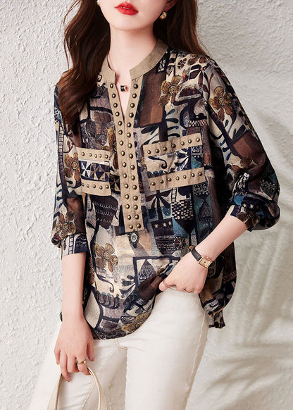 Retro Coffee Print Rivet Patchwork Cotton Shirts Top Long Sleeve TQ1025