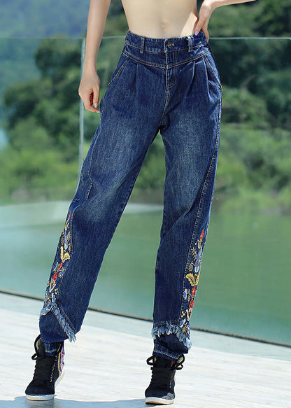 Retro Denim Blue Button Embroideried Floral Straight Pants Spring LY0198