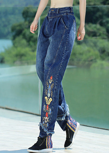 Retro Denim Blue Button Embroideried Floral Straight Pants Spring LY0198