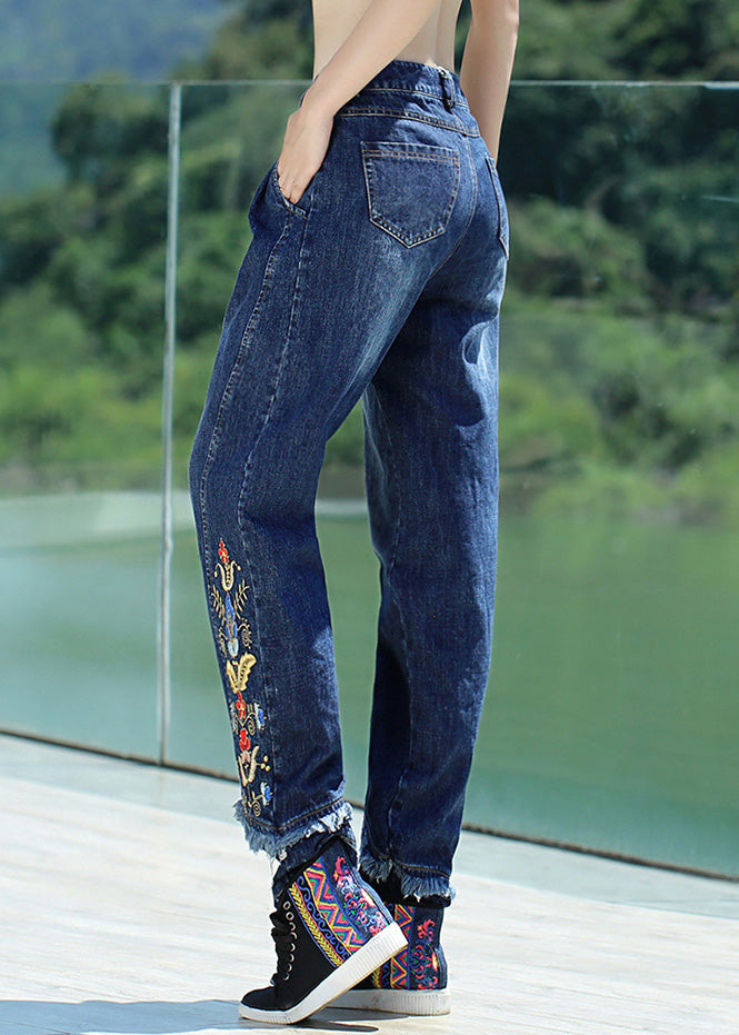 Retro Denim Blue Button Embroideried Floral Straight Pants Spring LY0198